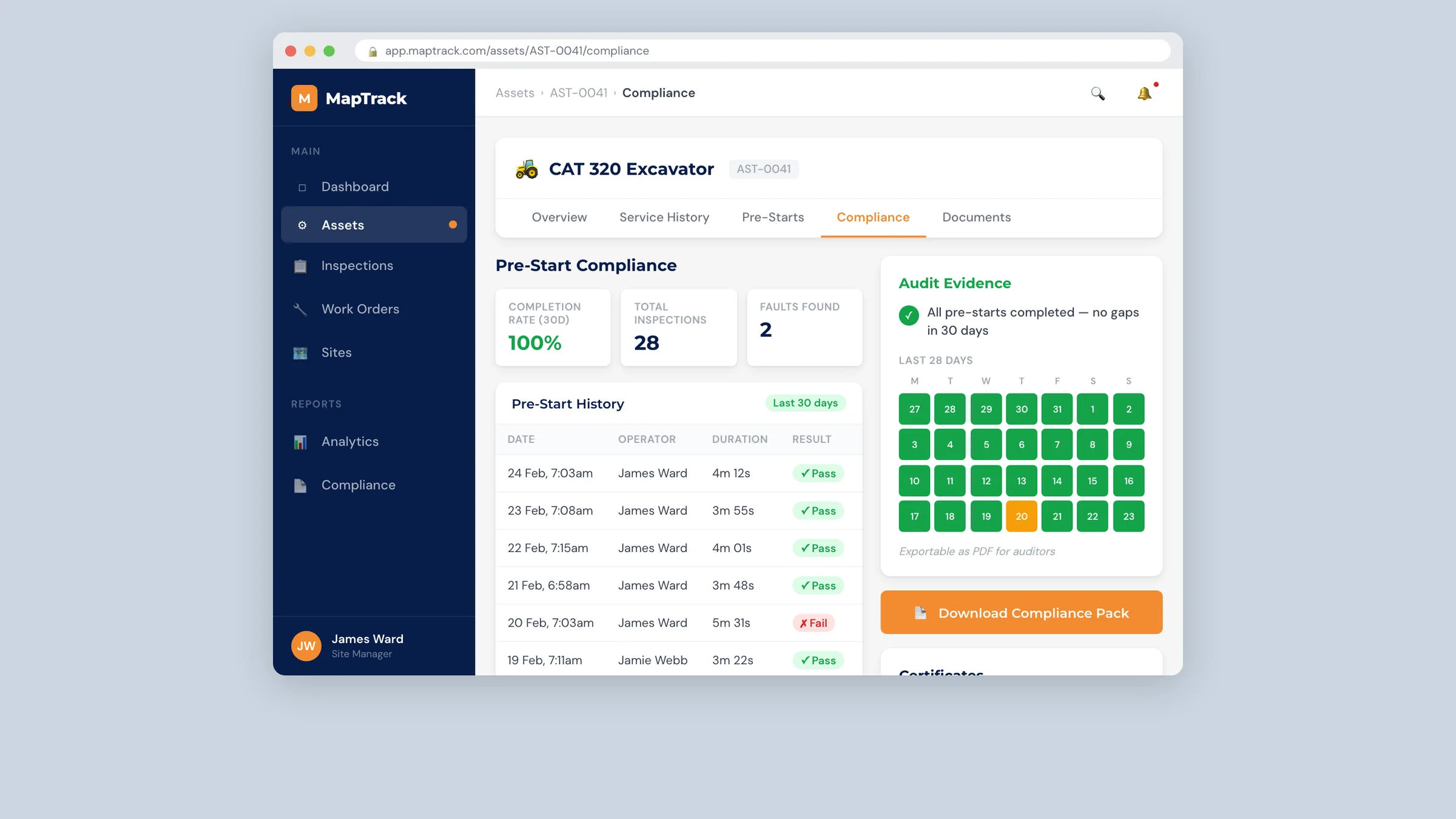 MapTrack pre-start compliance evidence screen for plant and equipment