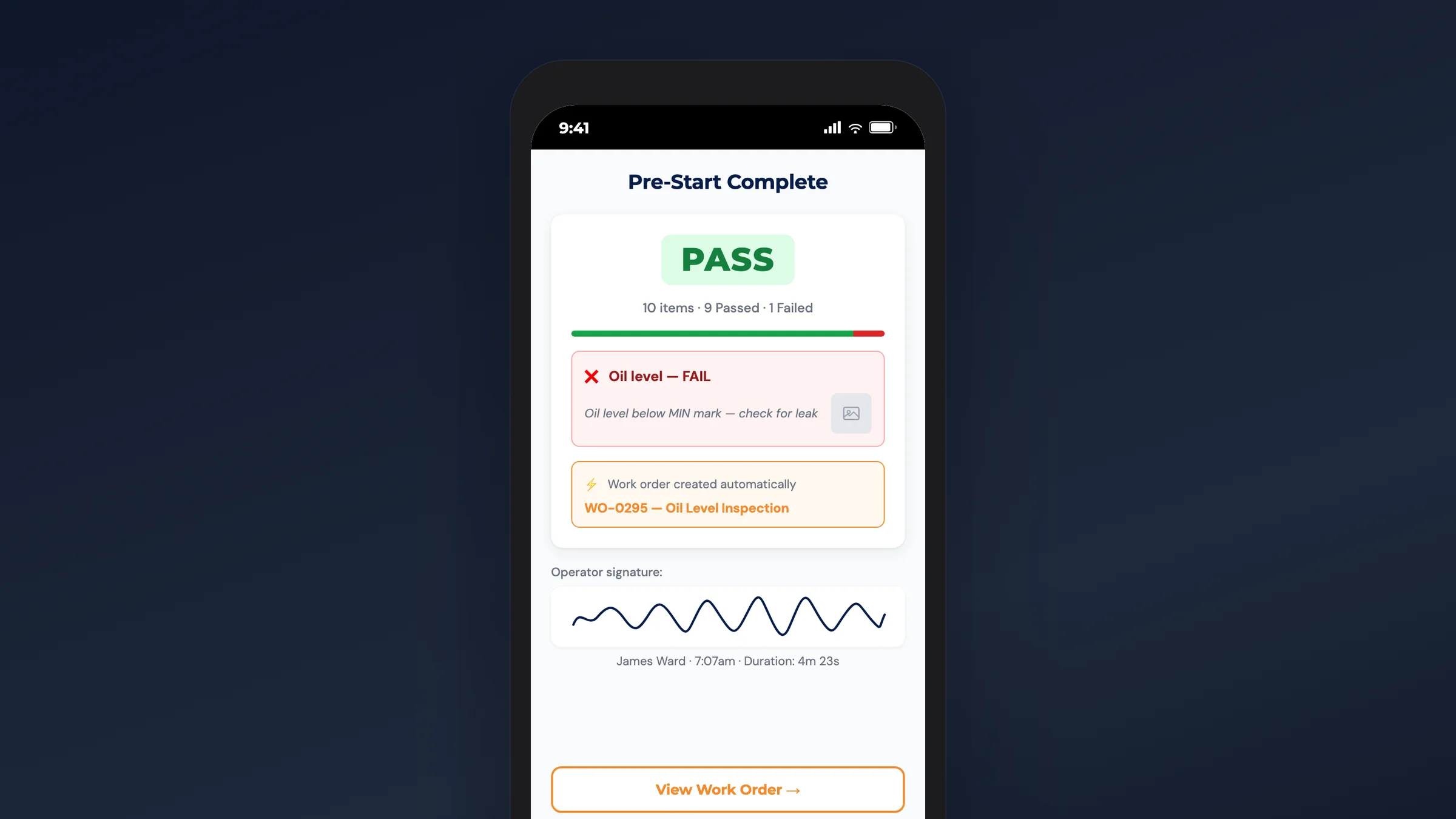 MapTrack completed pre-start inspection on mobile with pass results recorded