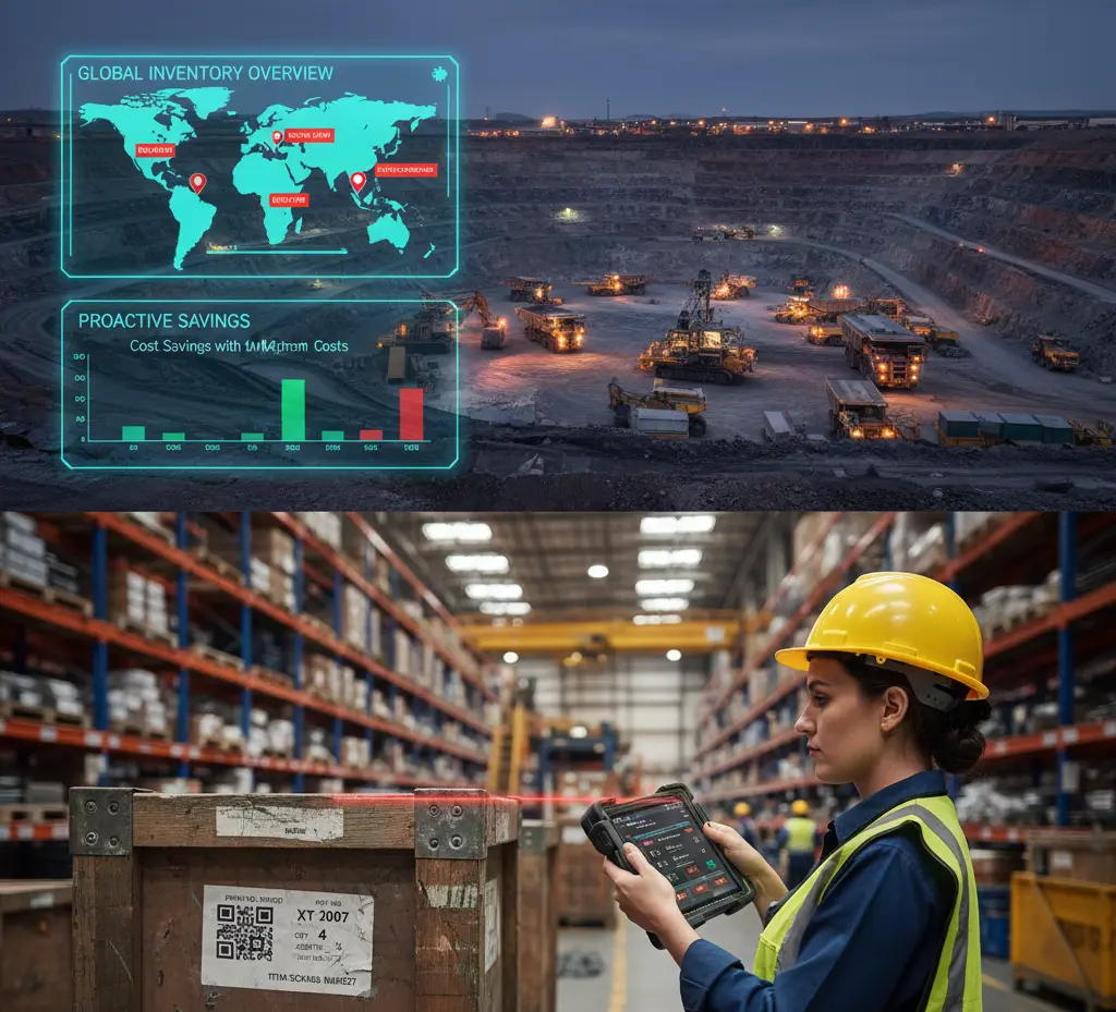 Mining warehouse team checking inventory levels against digital dashboards