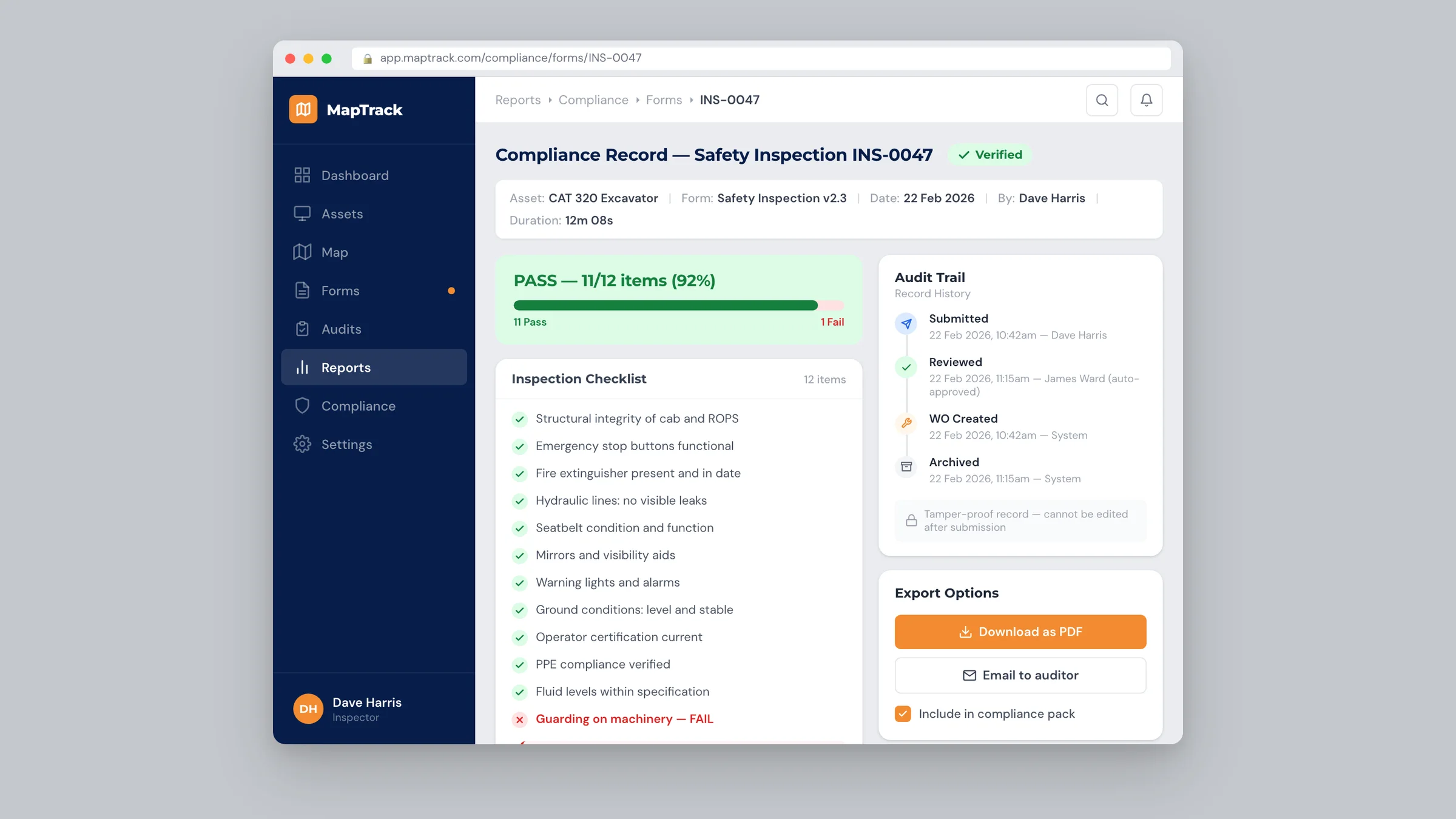 MapTrack compliance form evidence screen with signed records and timestamps