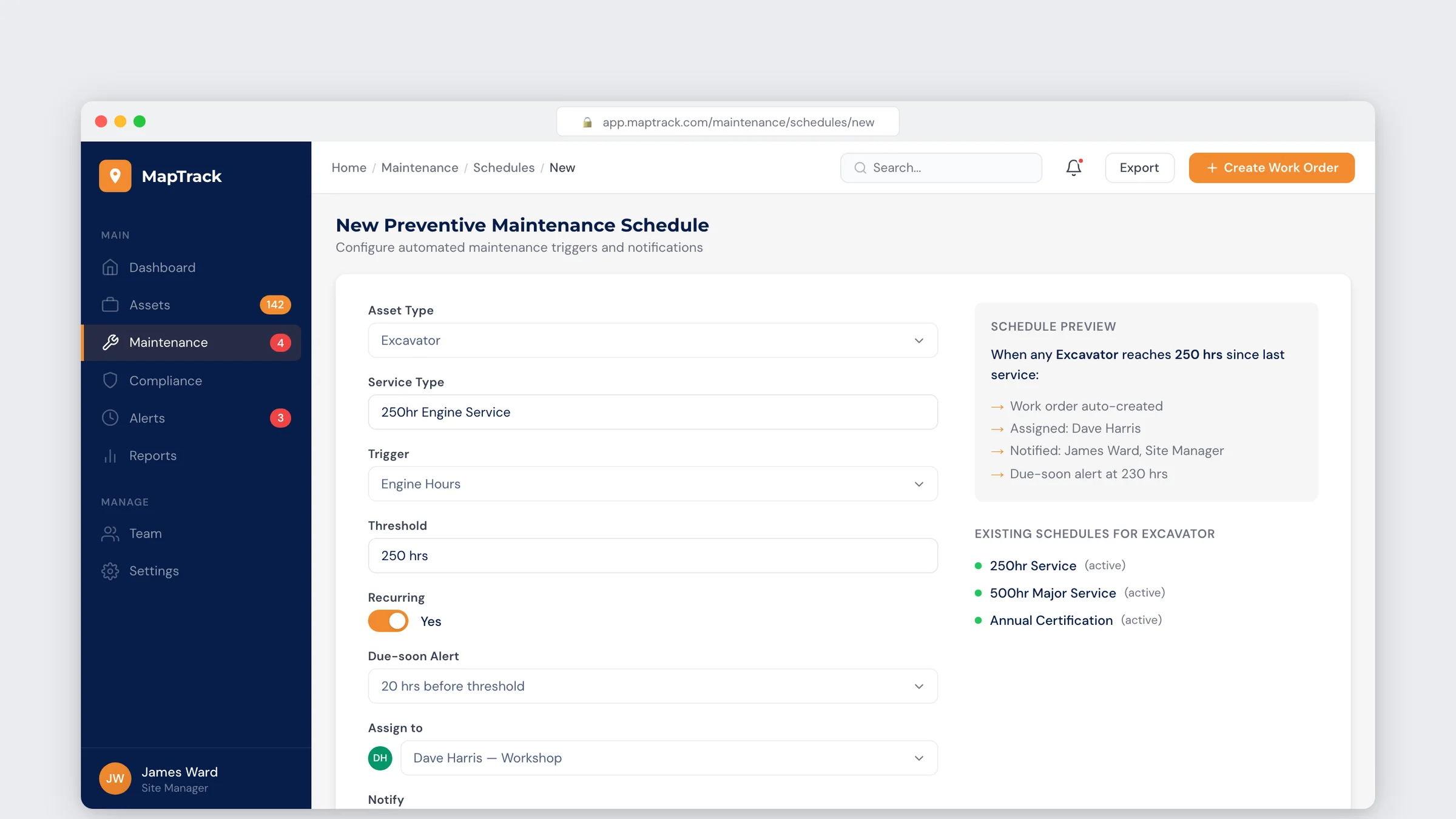 MapTrack preventive maintenance scheduling screen with upcoming services and triggers