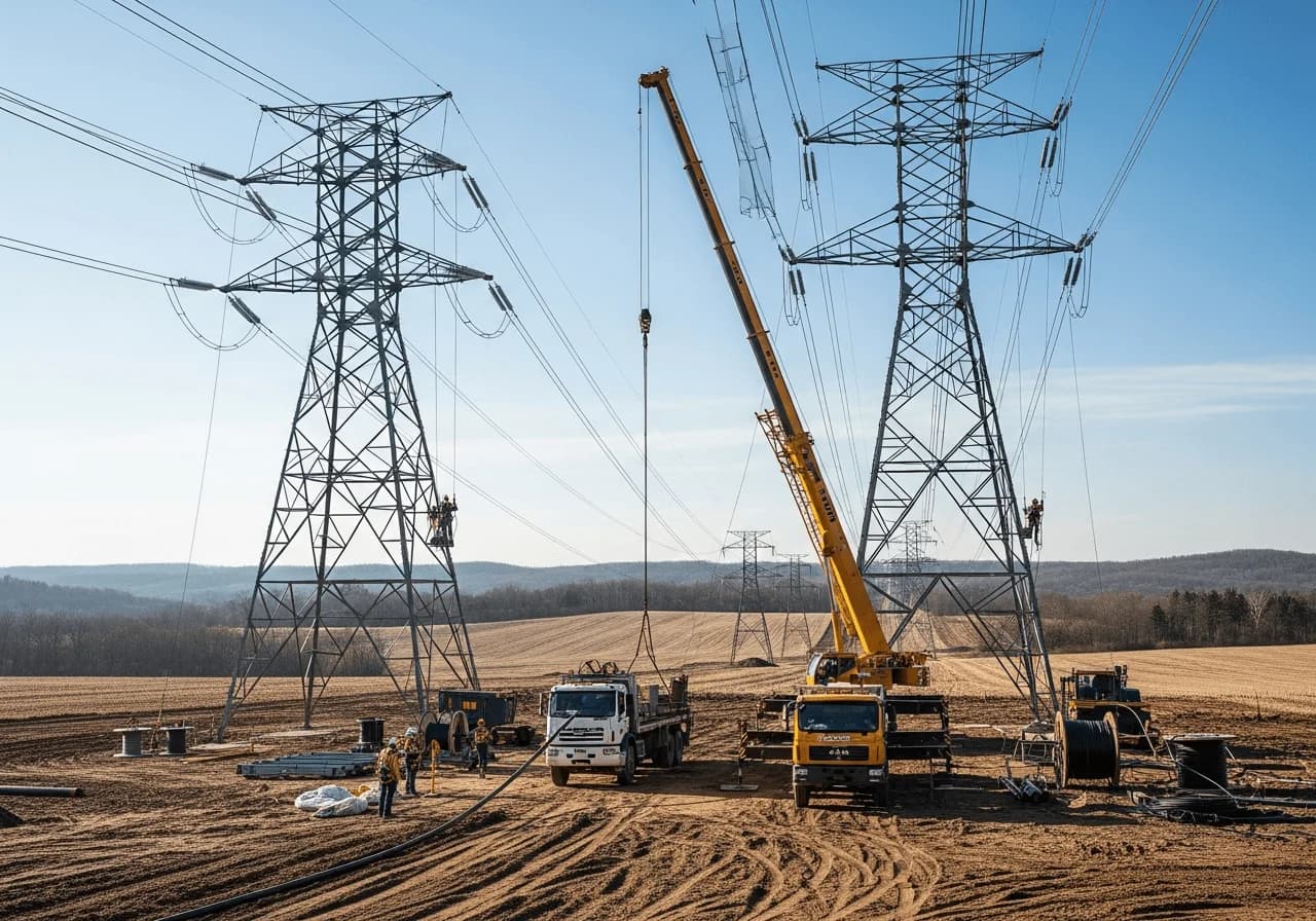 Infrastructure construction crew on a major project site with cranes and dump trucks across the earthworks at sunset