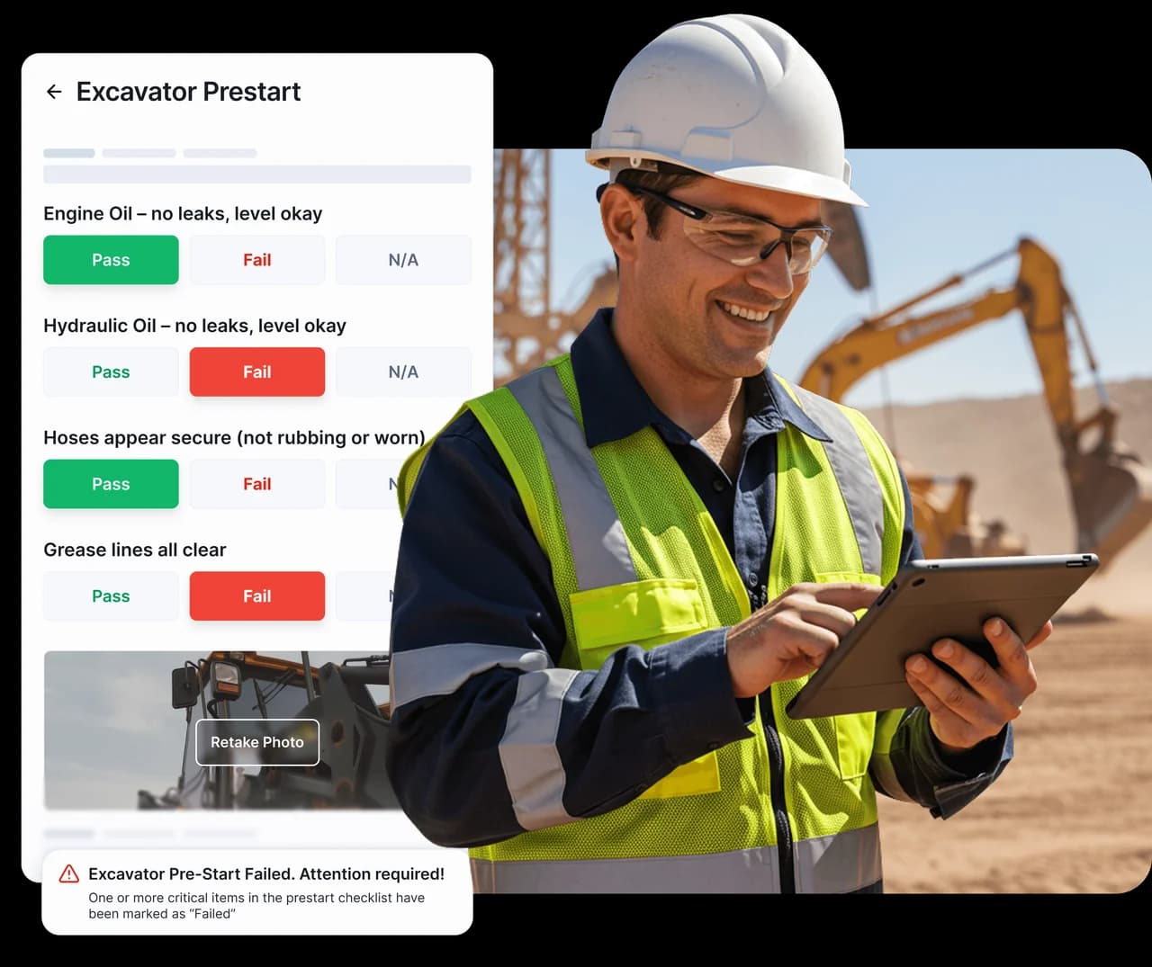 Oil and gas technician completing a prestart checklist on MapTrack mobile app with pass/fail items at a drilling site