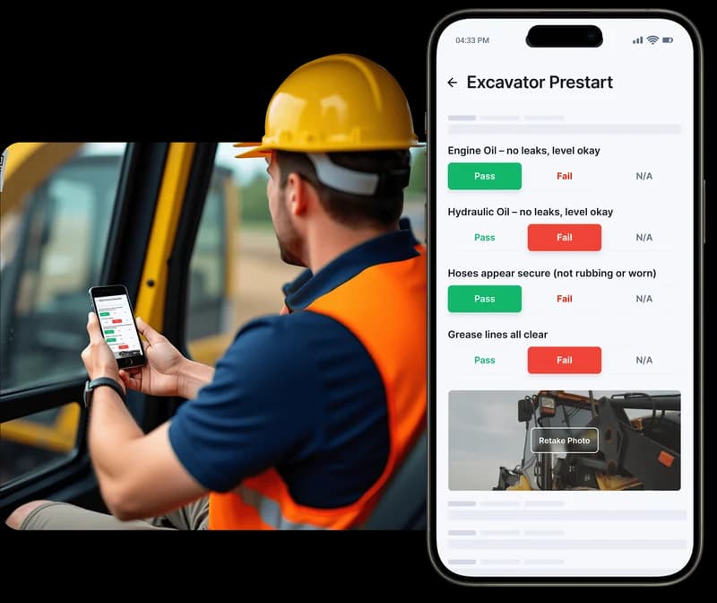 Oil and gas technician checking the MapTrack dashboard for available plant and overdue services on a phone