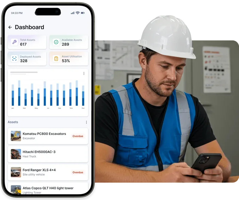 Oil and gas operator completing an excavator prestart checklist on the MapTrack mobile app from the cab of the machine