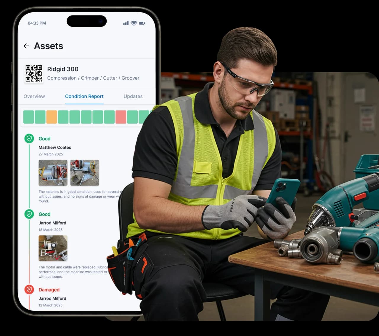 MapTrack mobile asset record showing a plumbing tool with condition reports, history and assignment in one view