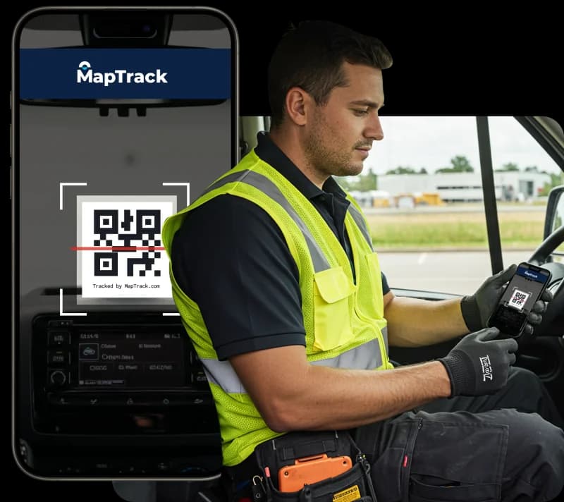 Plumber assigning tools to a job using the MapTrack mobile app from the cab of a service vehicle