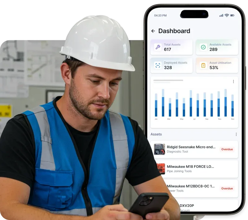 Plumber completing a light vehicle inspection checklist on the MapTrack mobile app at the side of a van