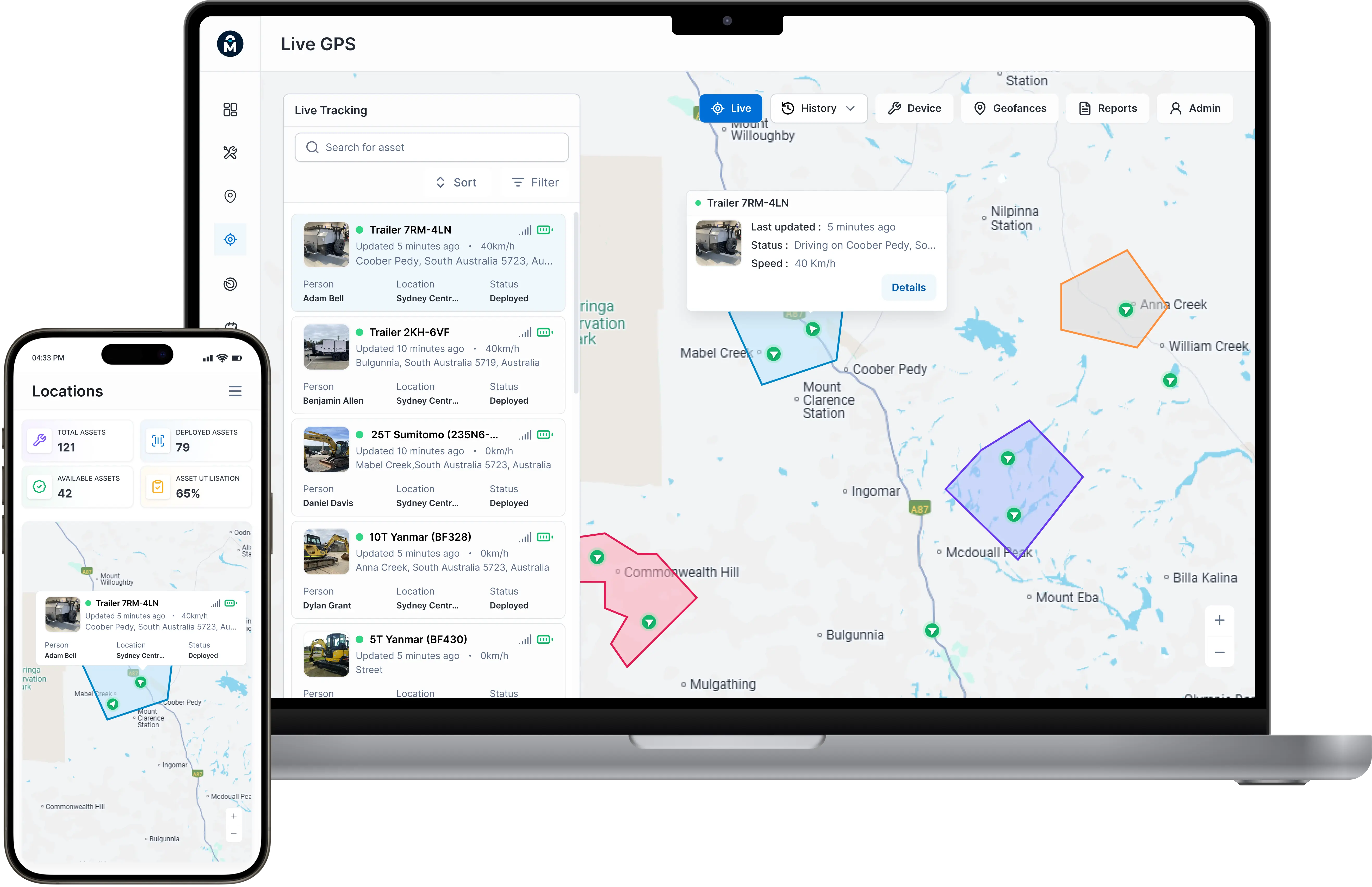 MapTrack screen showing the latest confirmed fleet and plant positions