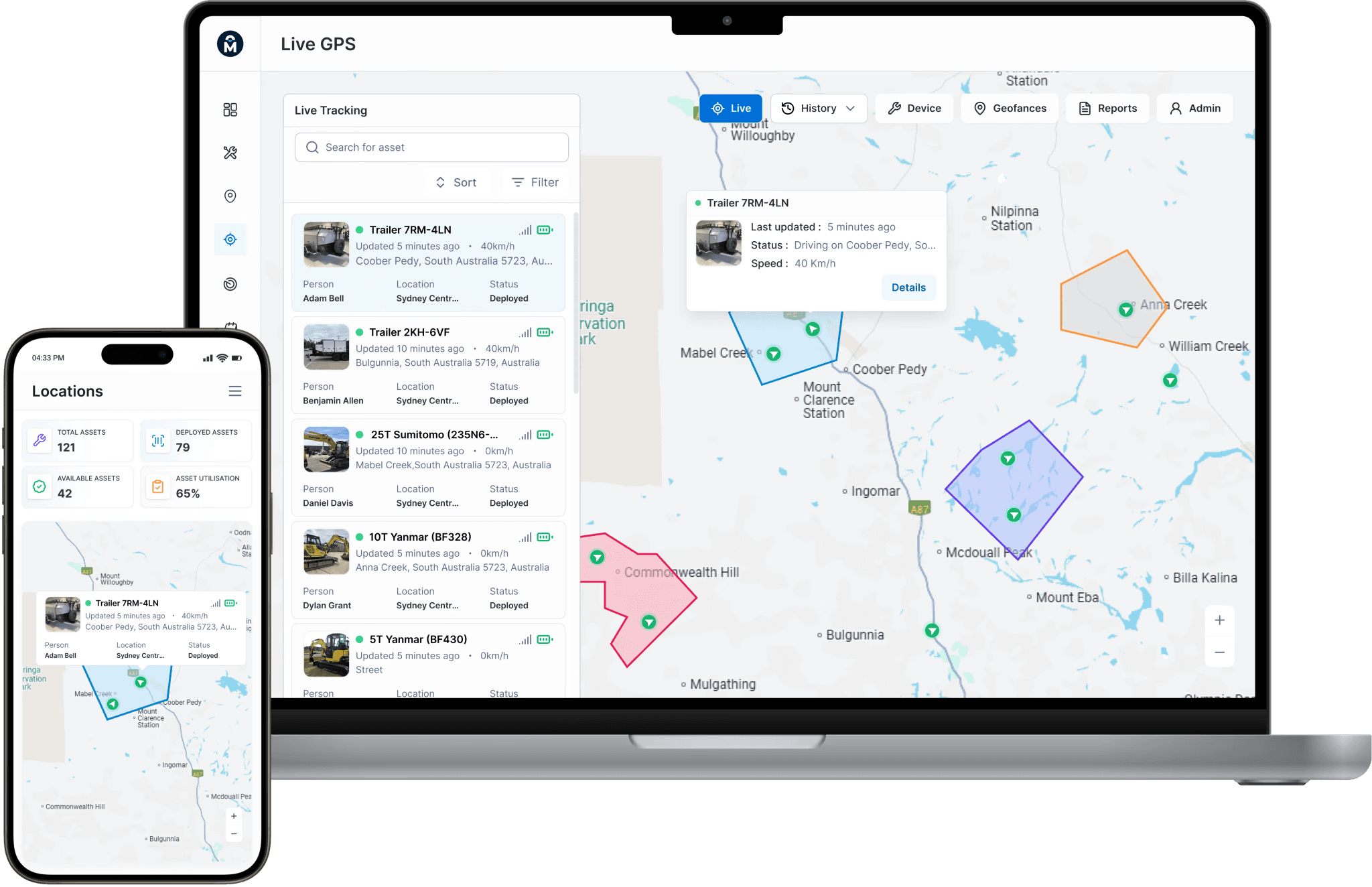 MapTrack GPS geofence map view showing fleet and plant asset locations across sites