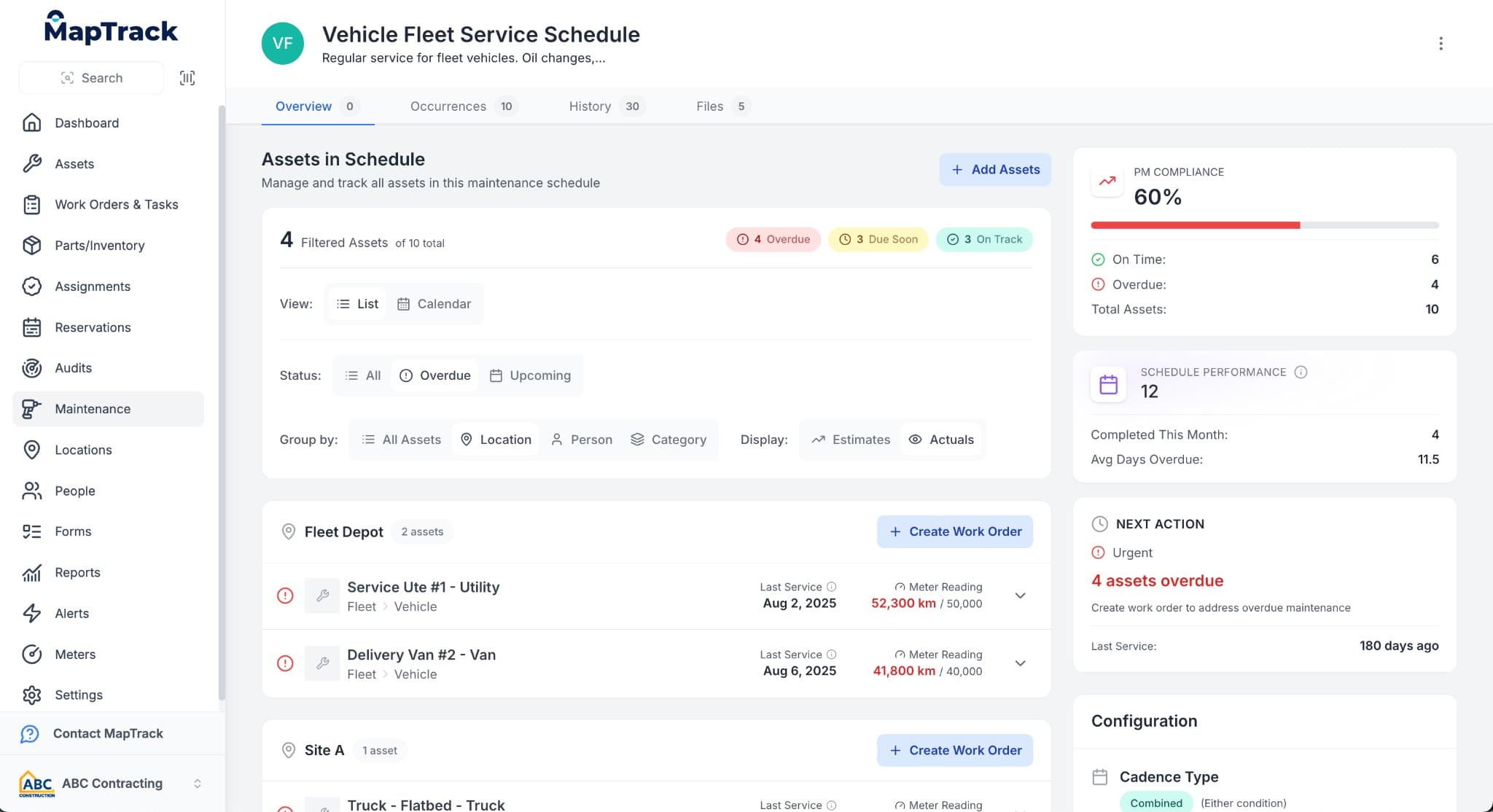MapTrack maintenance scheduling showing meter-based service intervals for fleet