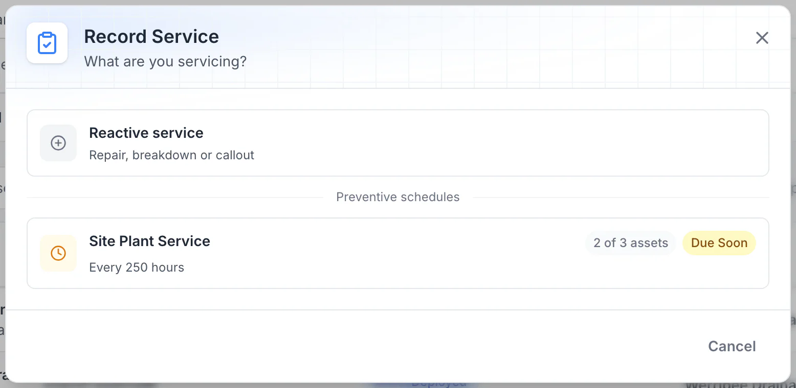 MapTrack Record Service dialog asking what you are servicing: Reactive service for repairs, breakdowns or callouts, or the Site Plant Service preventive schedule, every 250 hours, covering 2 of 3 selected assets and marked Due Soon.