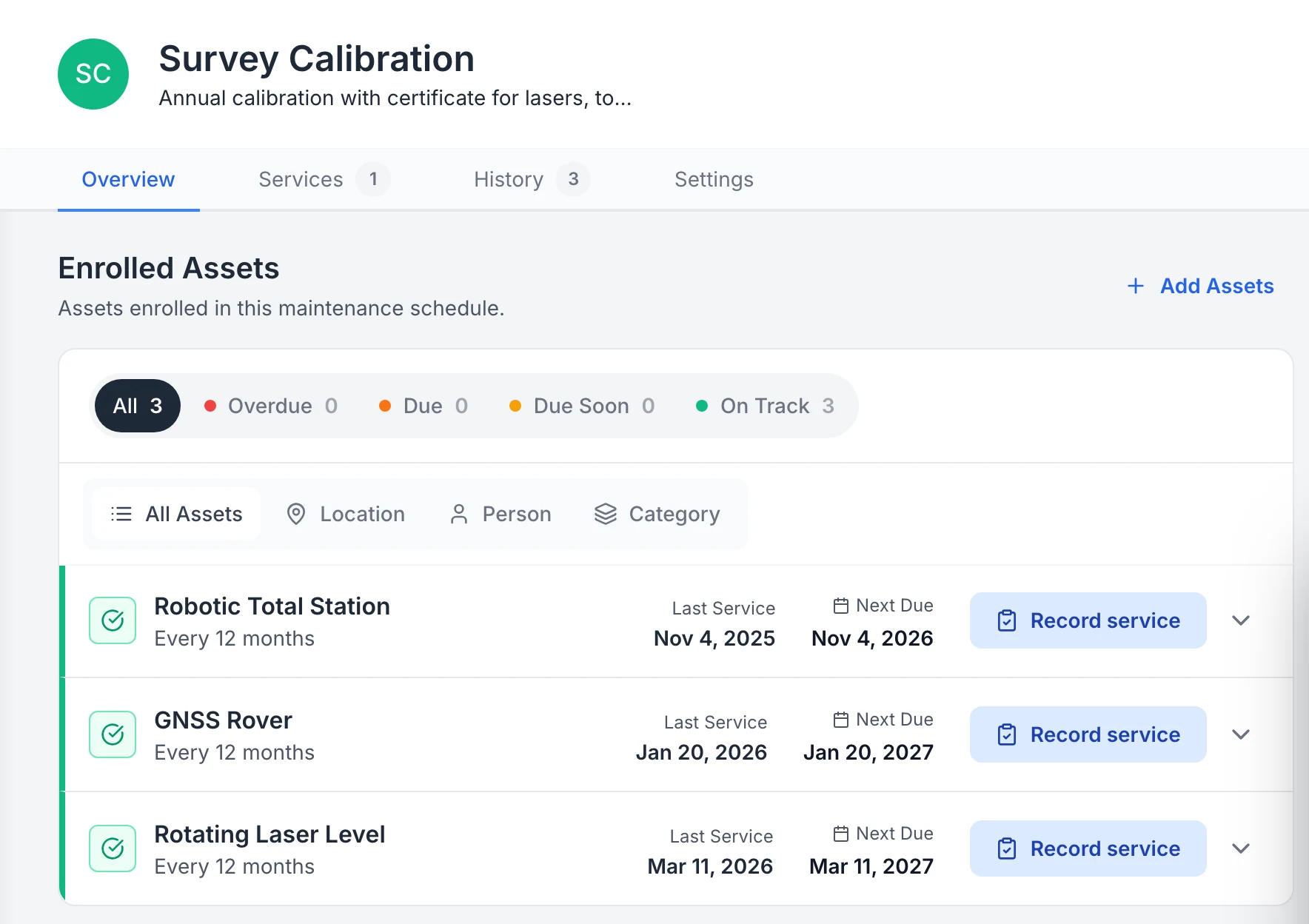 MapTrack Survey Calibration schedule with three enrolled instruments, a robotic total station, a GNSS rover and a rotating laser level, each calibrated every 12 months, showing its last service and next due date with a Record service button. All three are on track.