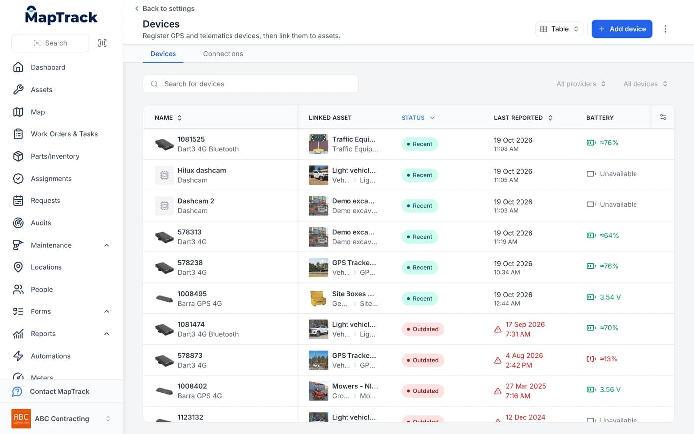 Devices list in MapTrack with a Hilux dashcam and a second dashcam among Dart3 and Barra GPS trackers, each row showing the asset it is linked to, a status of Recent or Outdated, the date and time it last reported and a battery reading.