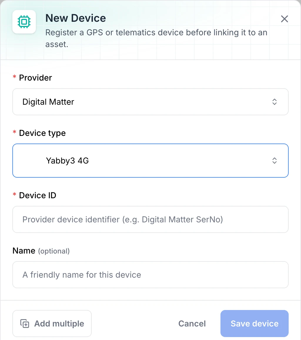 New Device form with Digital Matter and Yabby3 4G selected, empty Device ID and Name fields, Add multiple and a disabled Save device button.