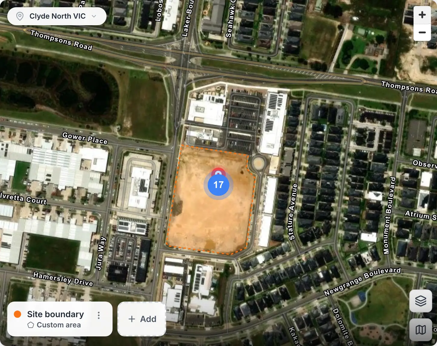 Satellite map of a civil site in Clyde North, Victoria, in MapTrack: a boundary named Site boundary, a custom area drawn as an orange dashed outline around a cleared lot, with a marker for the 17 assets assigned to the site at its centre, zoom controls, map layer buttons and an Add button for another boundary.