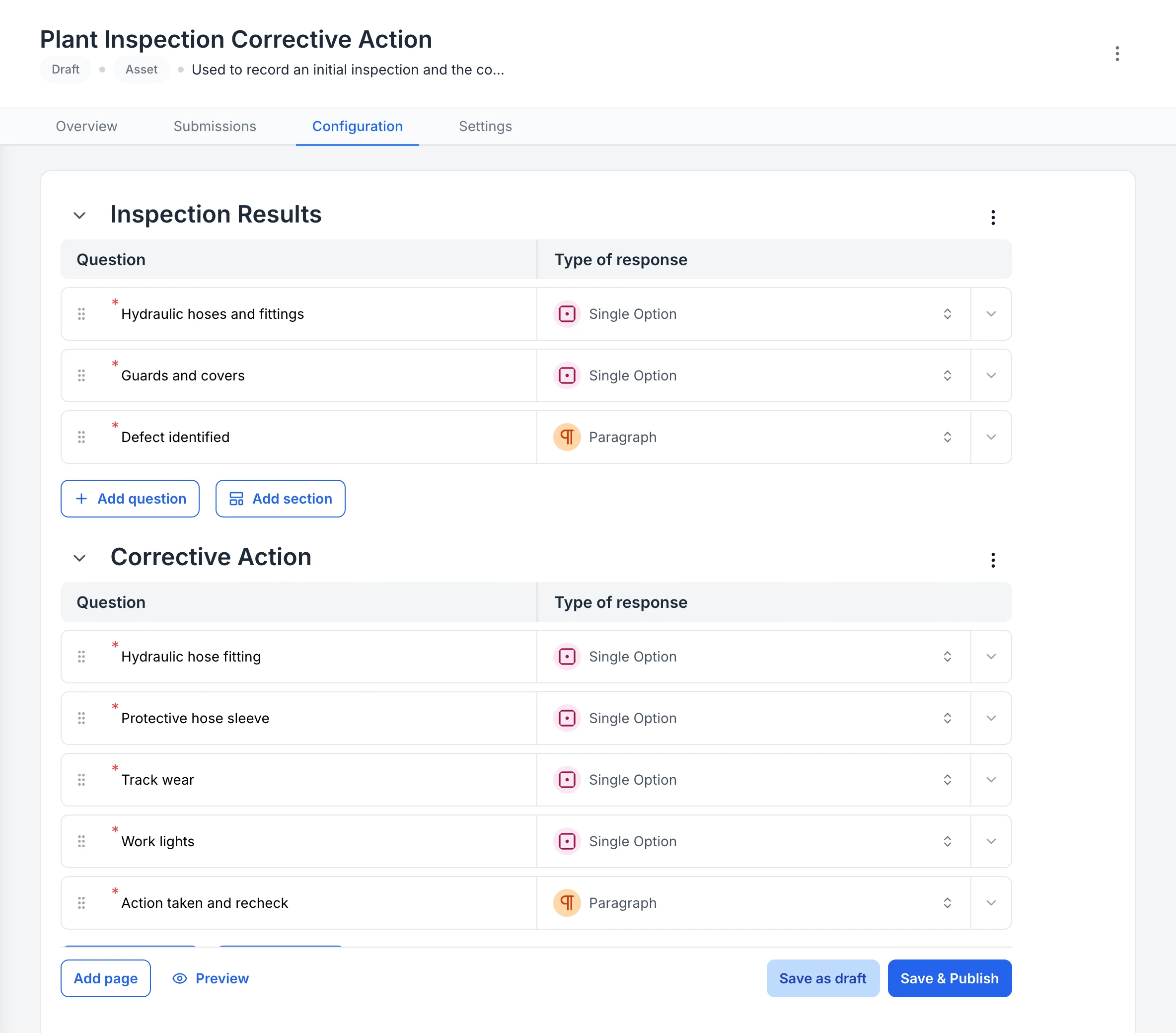 MapTrack form builder showing an AI-generated draft with eight required questions across Inspection Results and Corrective Action, including choice questions and defect and recheck paragraphs.