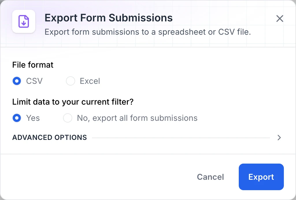 Export Form Submissions dialog with CSV selected, Excel available and Yes selected for Limit data to your current filter.