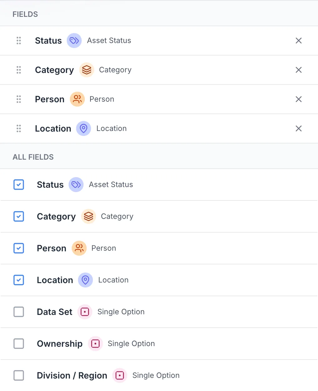 Quick-filter chooser with selected system fields and available dropdown custom fields.