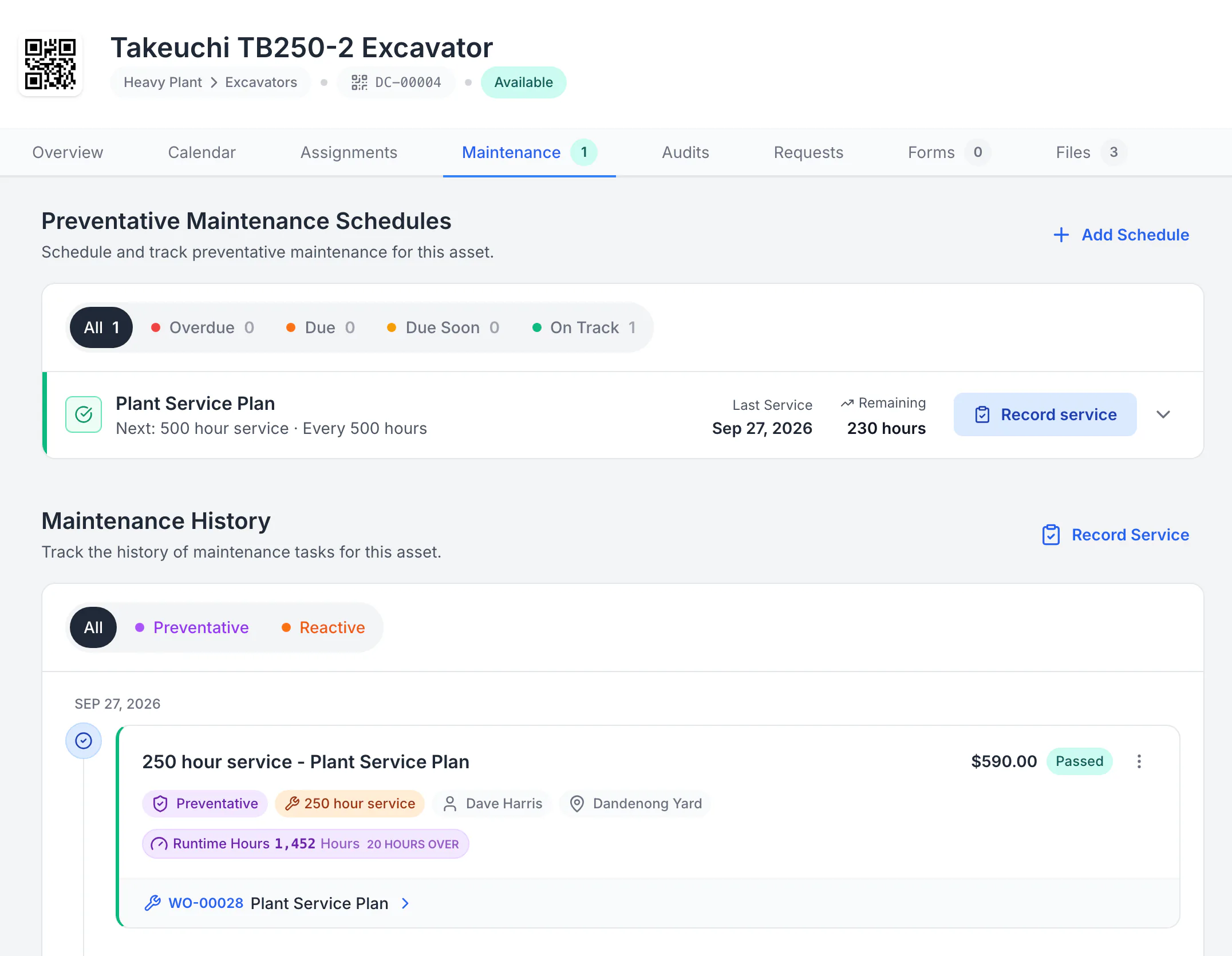 A saved MapTrack service record for a Takeuchi TB250-2 excavator: 250-hour service passed on 27 September at 1,452 hours, $590, linked to work order WO-00028, with the plan showing the 500-hour service next.