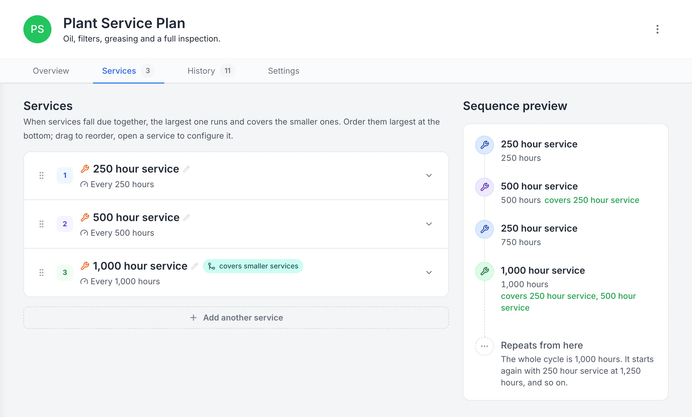 MapTrack Plant Service Plan with 250, 500 and 1,000-hour services and a sequence preview showing which service covers the smaller ones.