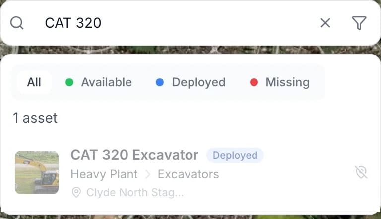 Map search for CAT 320 with All, Available, Deployed and Missing tabs, and one CAT 320 Excavator result marked Deployed in Heavy Plant and Excavators.
