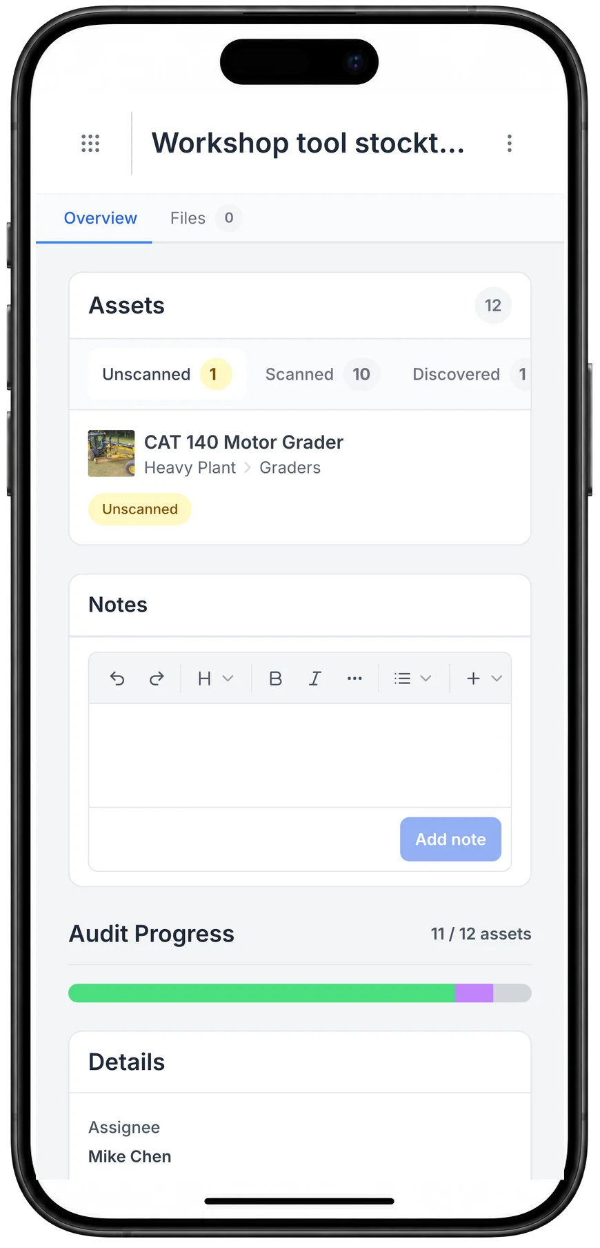 A MapTrack workshop tool stocktake on a phone: 12 assets, with 10 scanned, 1 discovered and 1 still unscanned, a CAT 140 motor grader, and audit progress at 11 of 12 assets, assigned to Mike Chen.