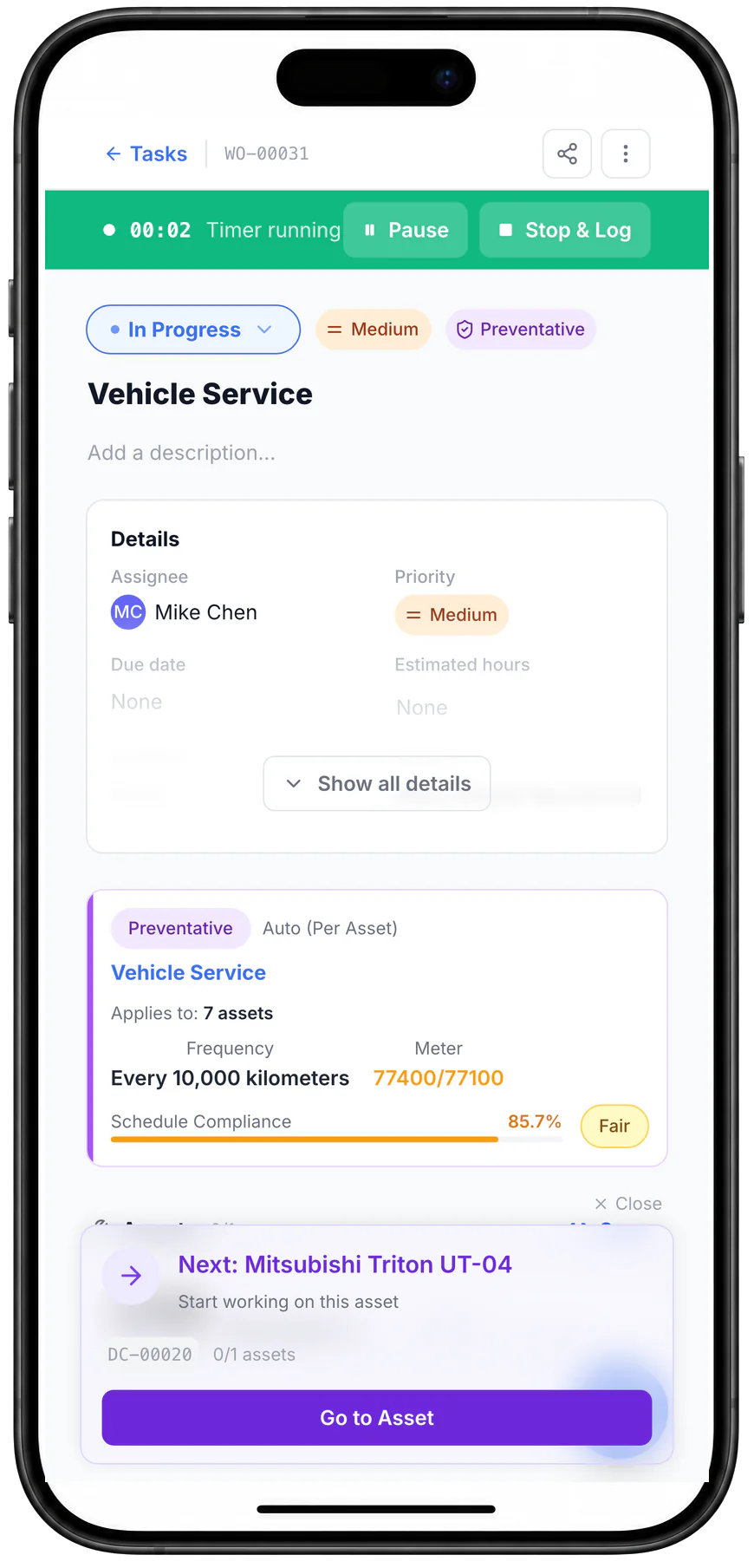 MapTrack work order WO-00031, Vehicle Service, on a phone: In Progress with a running timer, Pause and Stop & Log, assigned to Mike Chen, raised per asset every 10,000 km with the odometer at 77,400 against 77,100, and the next asset to work on.