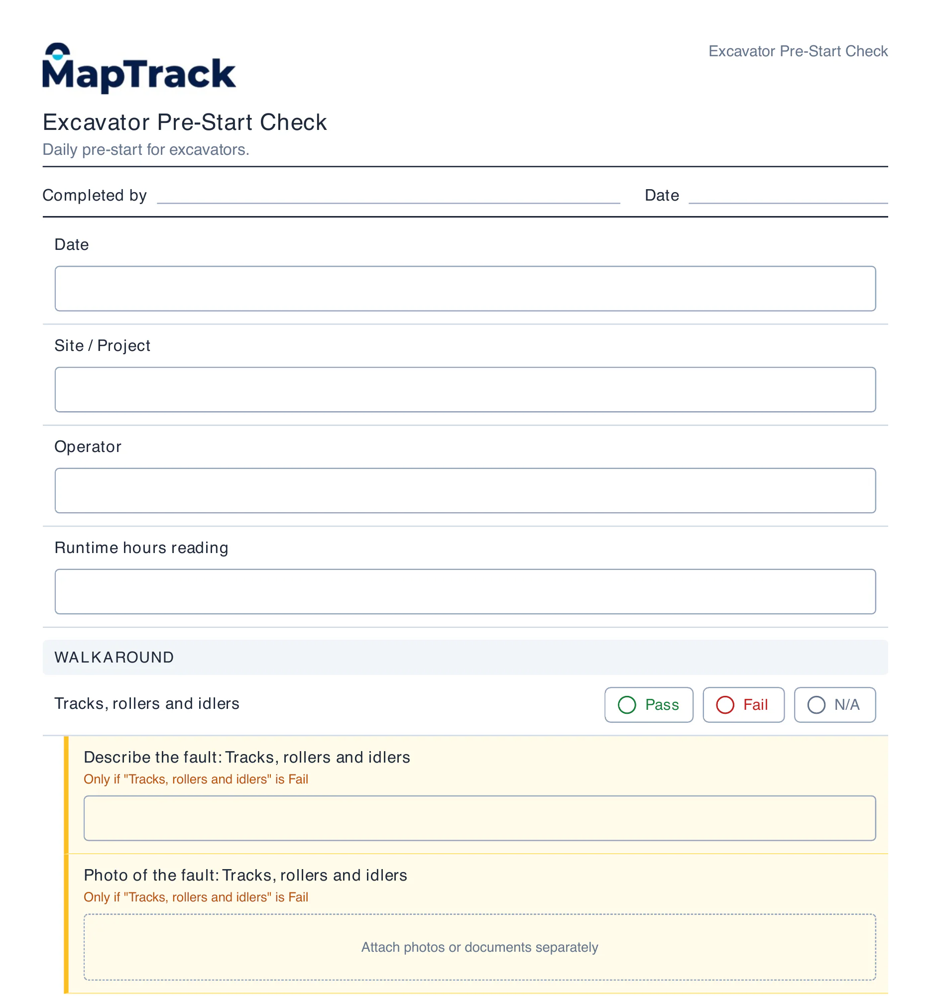 First page of a blank MapTrack PDF for an Excavator Pre-Start Check: the MapTrack logo and form title, empty Completed by and Date lines, empty boxes for Date, Site / Project, Operator and Runtime hours reading, a Walkaround section with Pass, Fail and N/A for tracks, rollers and idlers, and fault description and photo fields marked Only if "Tracks, rollers and idlers" is Fail, with Attach photos or documents separately.