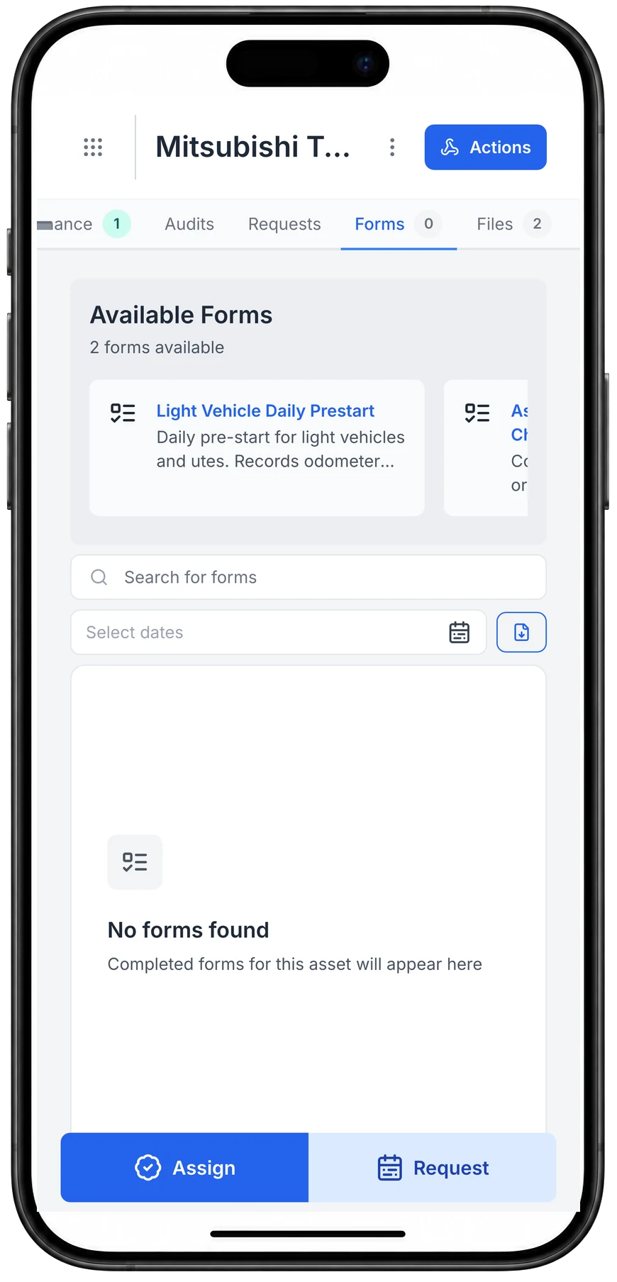 MapTrack asset record for a Mitsubishi Triton ute on a phone with the Forms tab open: Available Forms lists the Light Vehicle Daily Prestart and an Asset Handover / Return Checklist, and no forms have been completed yet.