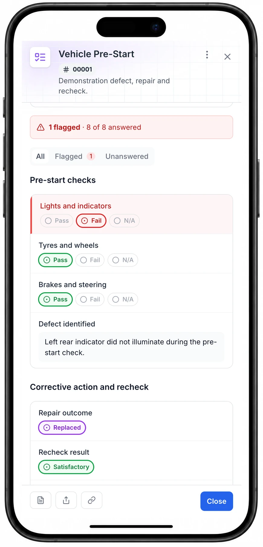 Saved vehicle pre-start on a phone showing eight of eight answered, one flagged check, the red failed indicator check, two green Pass answers, a purple Replaced outcome and a green Satisfactory recheck.
