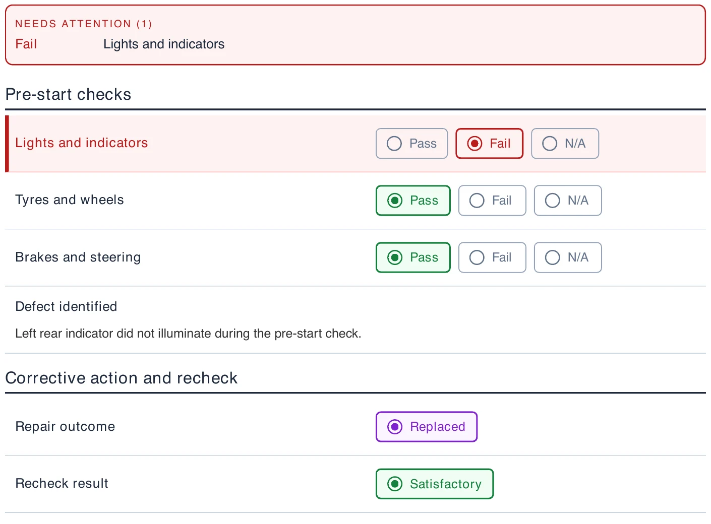 Excerpt from an exported vehicle pre-start PDF showing the Needs attention summary, a red failed lights and indicators answer, two green passing checks, the original defect note, a purple Replaced outcome and a green Satisfactory recheck.