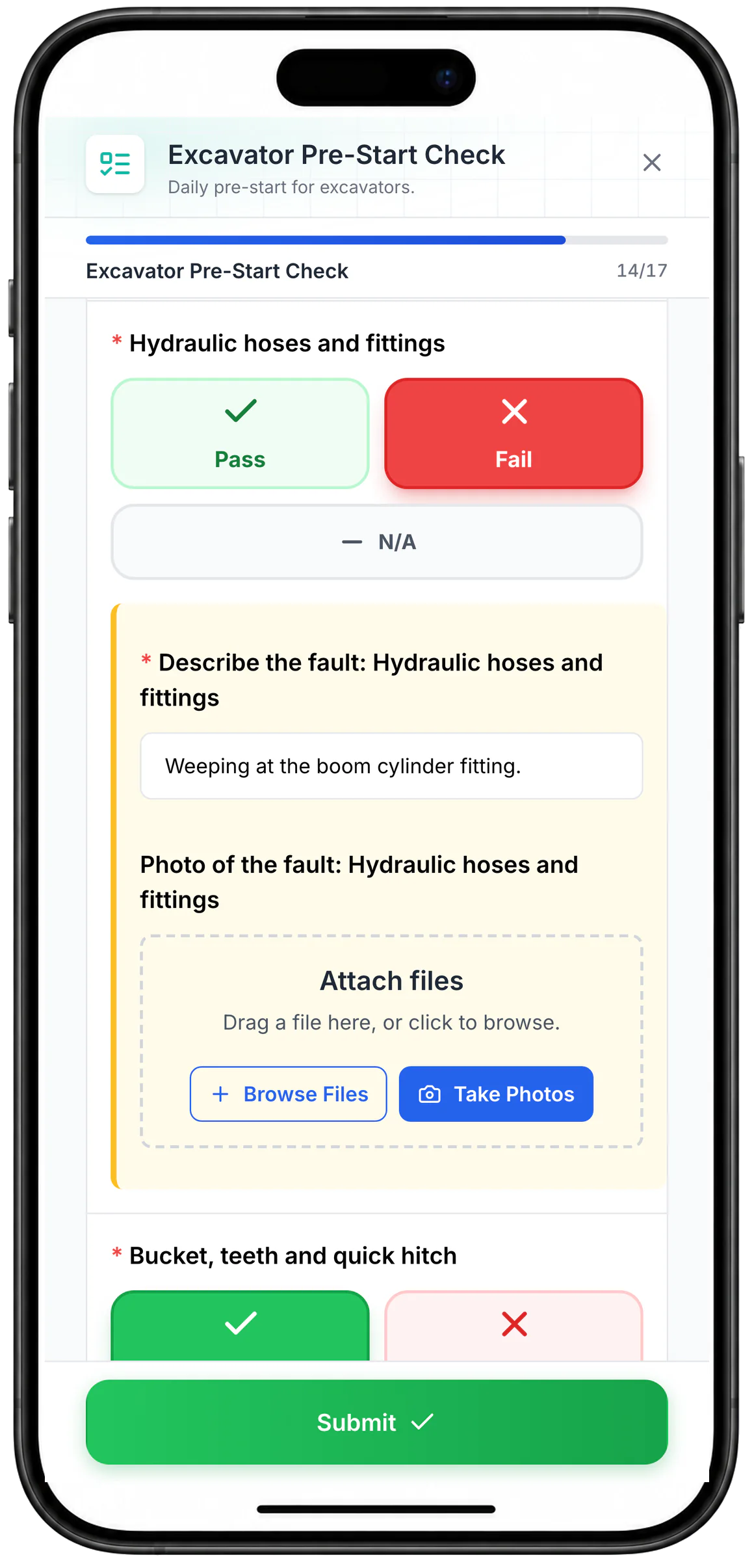 MapTrack Excavator Pre-Start Check on a phone: Fail selected for hydraulic hoses and fittings, the fault description and photo fields open below it, Pass selected on the next check, and the Submit button.