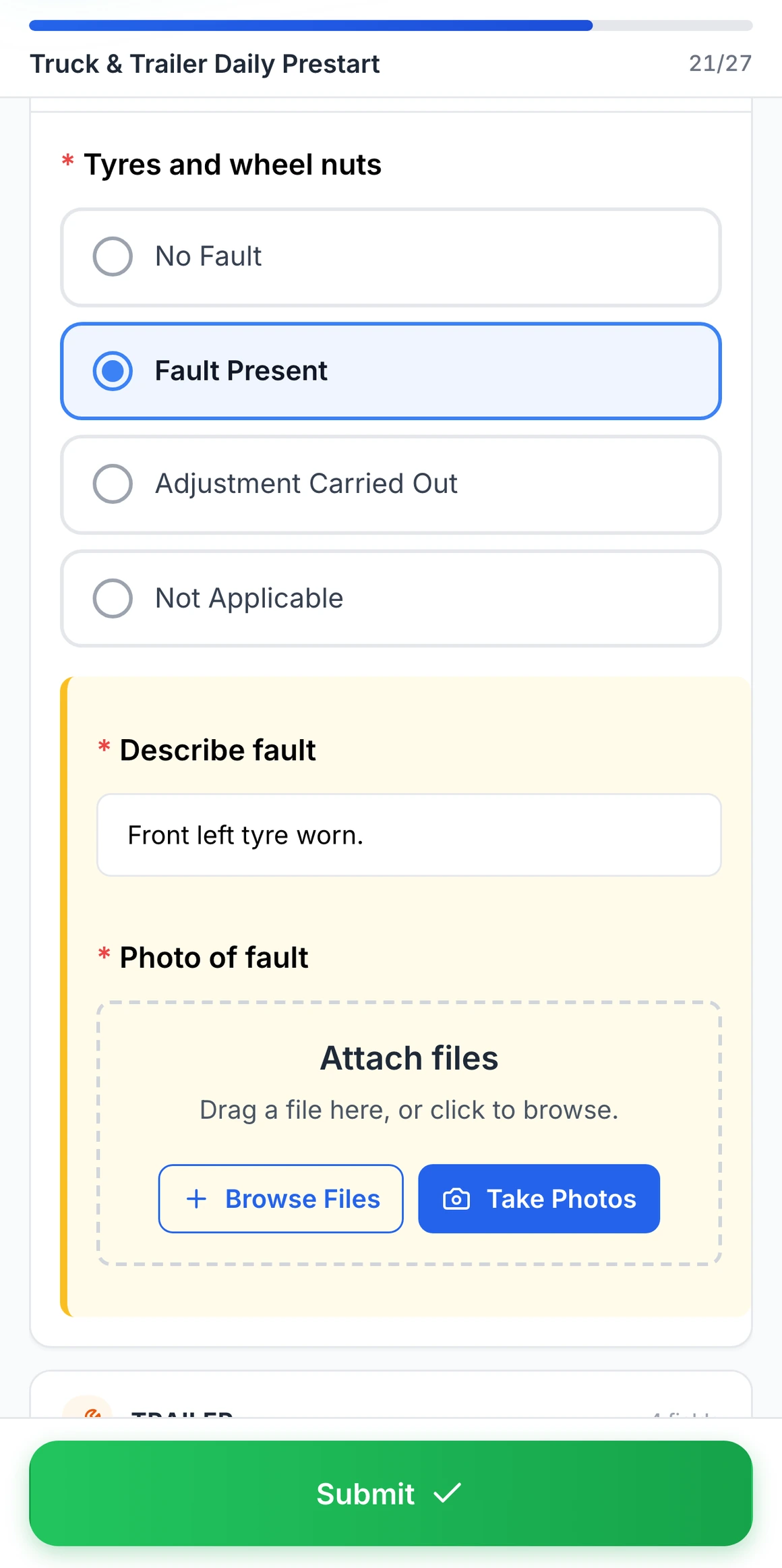 MapTrack Truck & Trailer Daily Prestart on a phone: Fault Present selected for tyres and wheel nuts, with the required Describe fault box reading "Front left tyre worn." and the required Photo of fault field with Browse Files and Take Photos, and the Submit button.