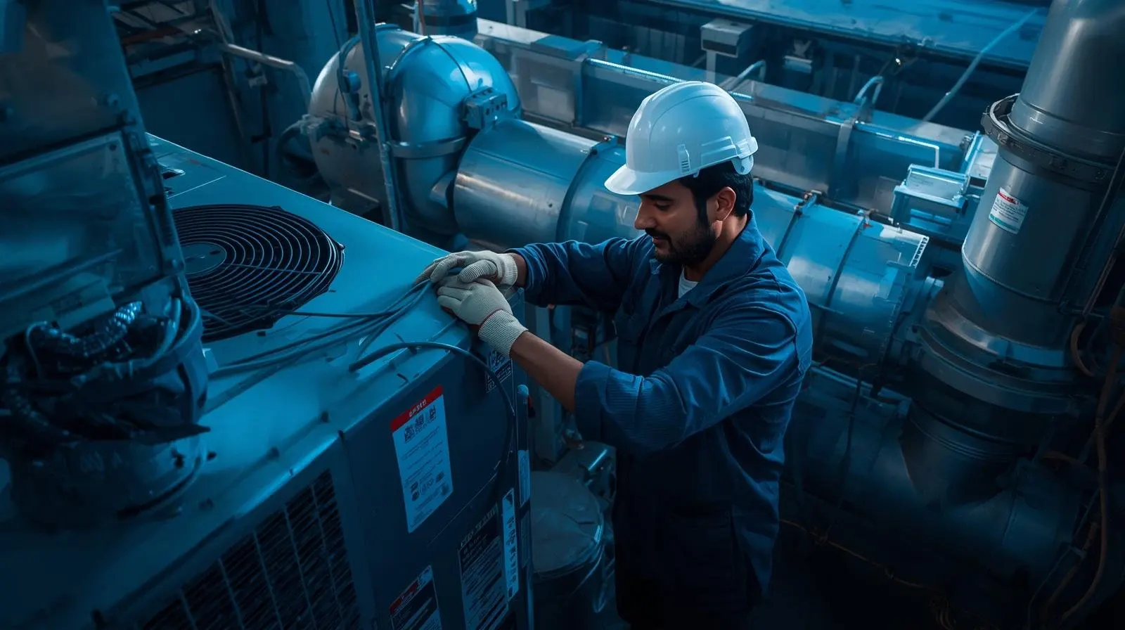 HVAC technician scanning a QR label on a commercial chiller unit