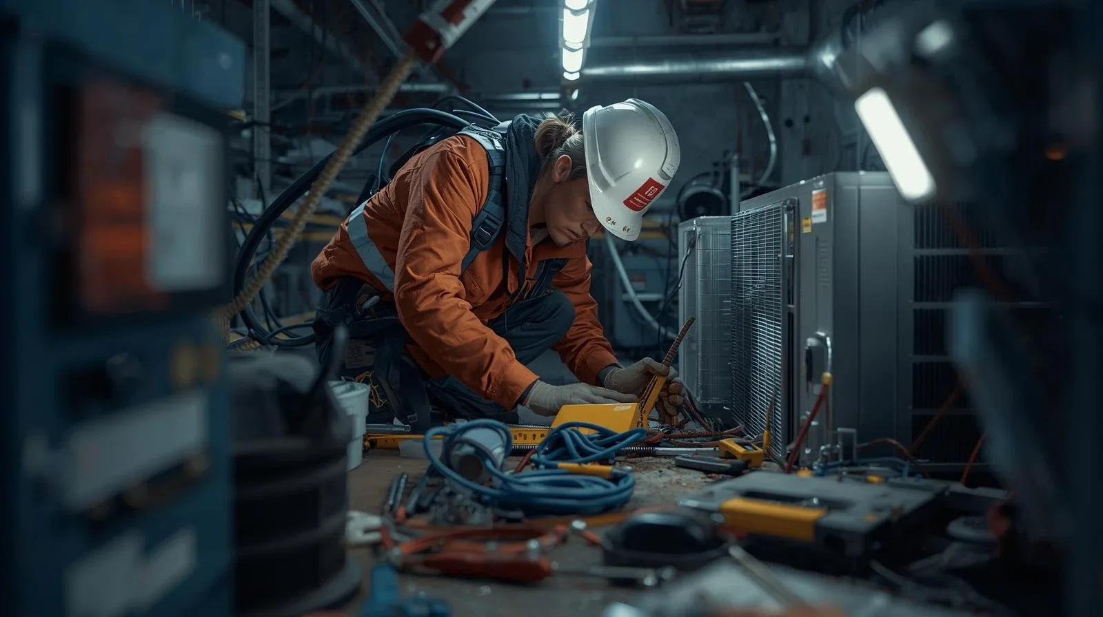 HVAC technician completing a preventive maintenance check on a commercial rooftop unit