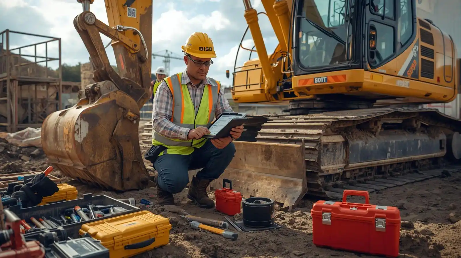 Plant manager completing a maintenance checklist on an excavator at a construction site