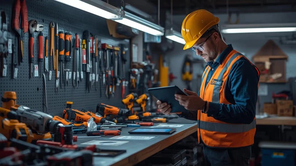 Construction supervisor inspecting power tools against a weekly checklist