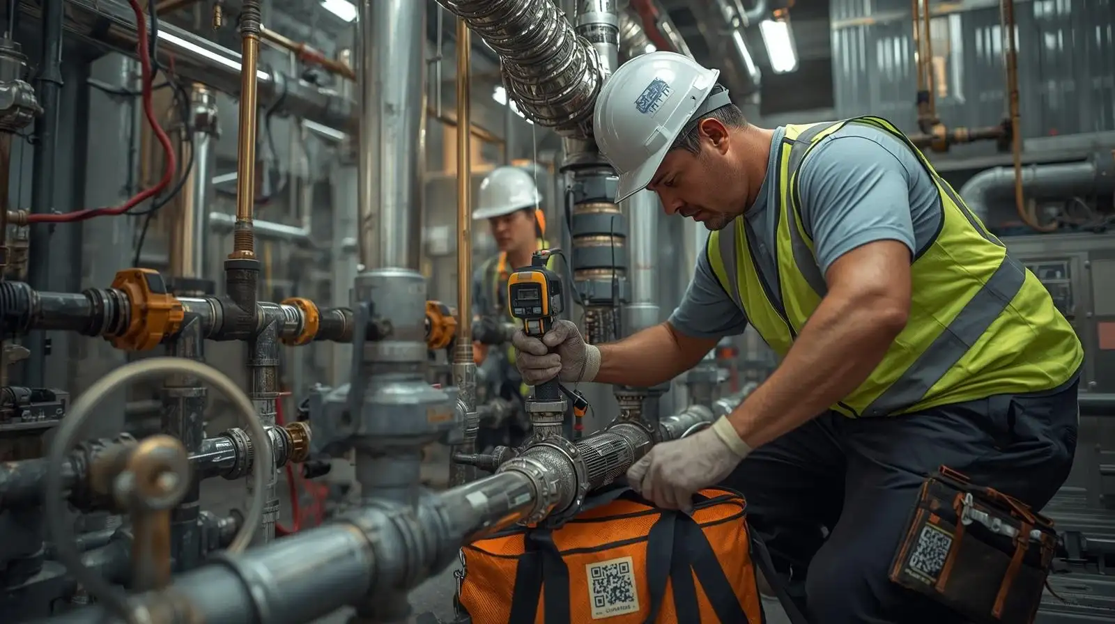 Plumber scanning a QR code on a pipe inspection camera in a service van
