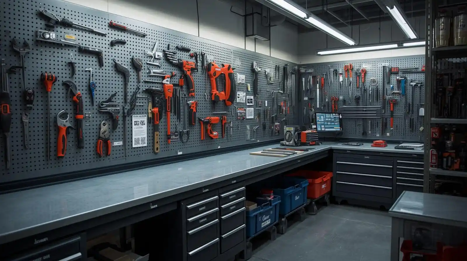 Organised construction toolroom with labelled shelving, QR-tagged tools and clear signage