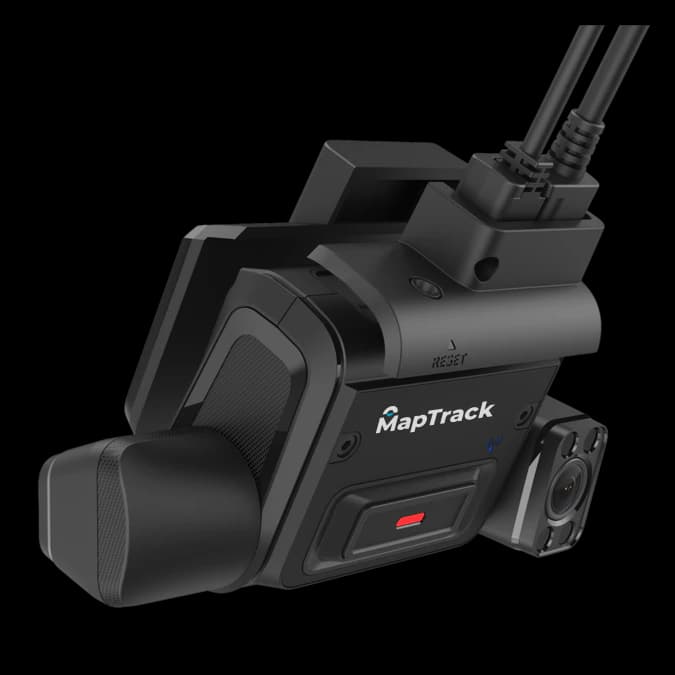 MapTrack K245 dash cam from the front, with road-facing lens, driver-facing infrared camera and emergency button