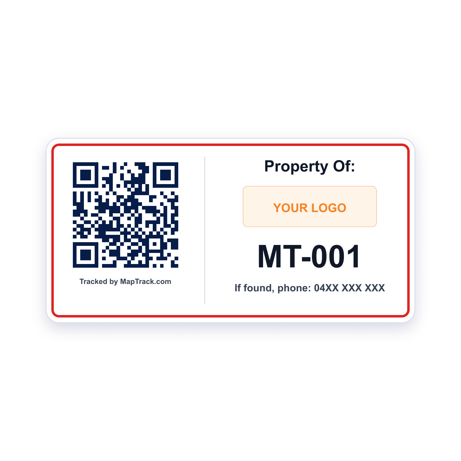 Medium custom QR asset label with logo and phone details