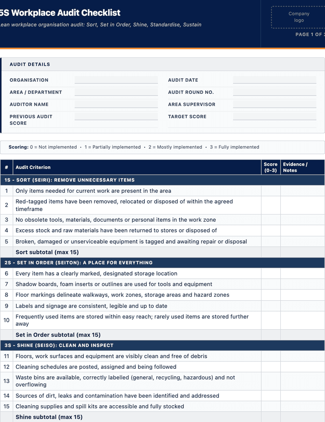 5S workplace audit checklist template preview showing fields and layout