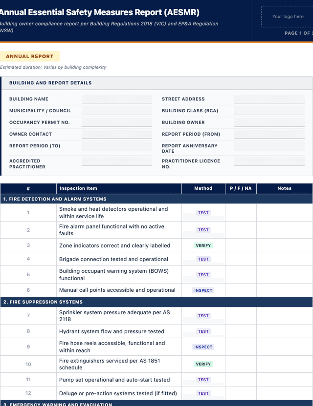 Annual Essential Safety Measures Report (AESMR) template preview showing fields and layout