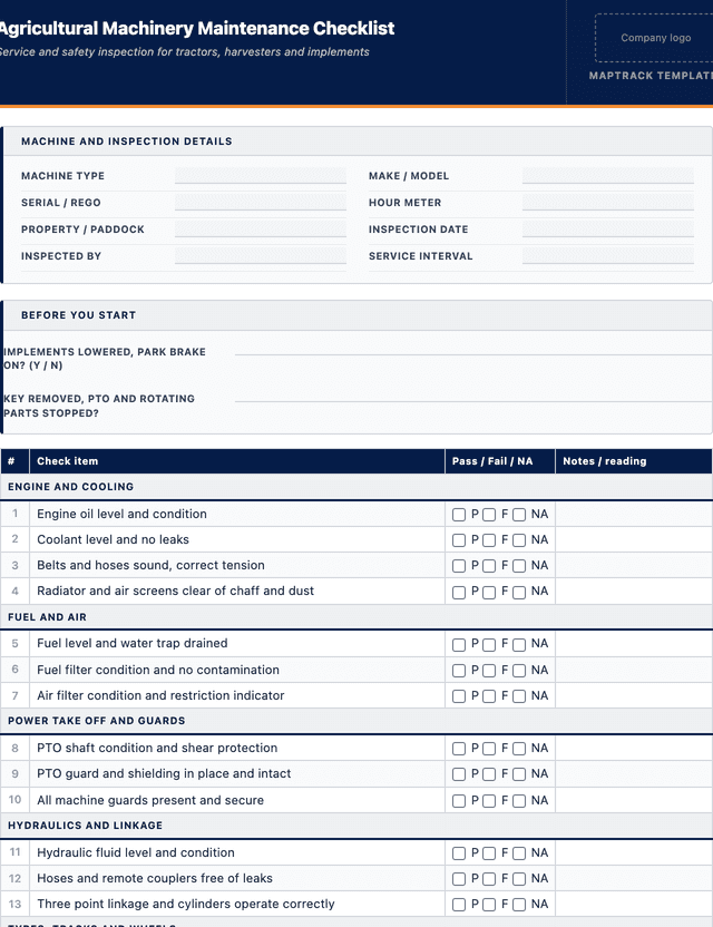 Agricultural machinery maintenance checklist template preview showing fields and layout