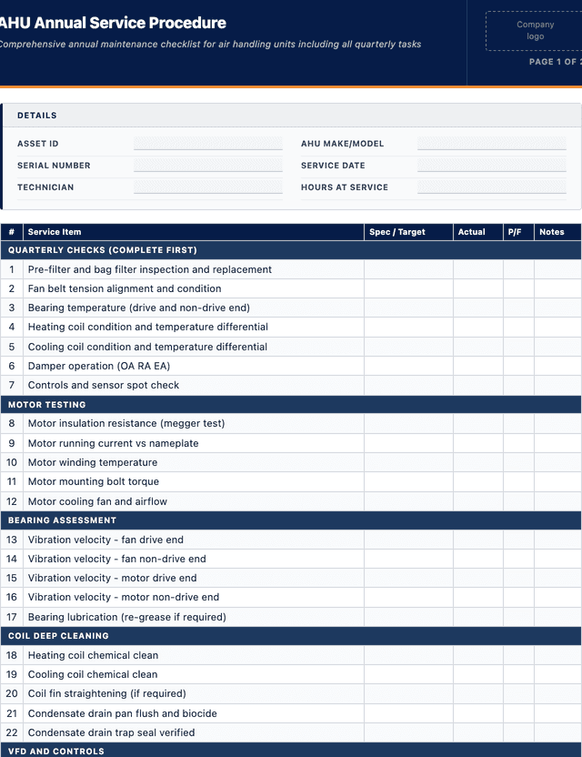 AHU annual service procedure template preview showing fields and layout