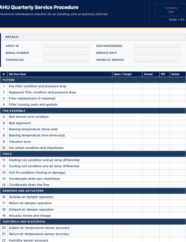 AHU quarterly service procedure template preview showing fields and layout