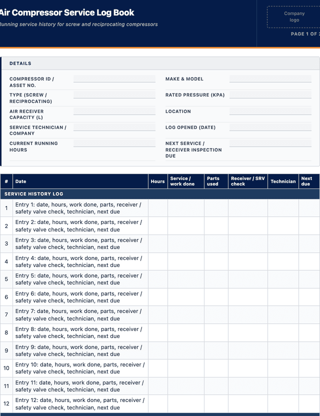 Air Compressor Service Log Book template preview showing fields and layout