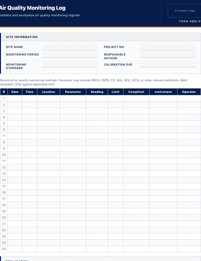 Air quality monitoring log template preview showing fields and layout