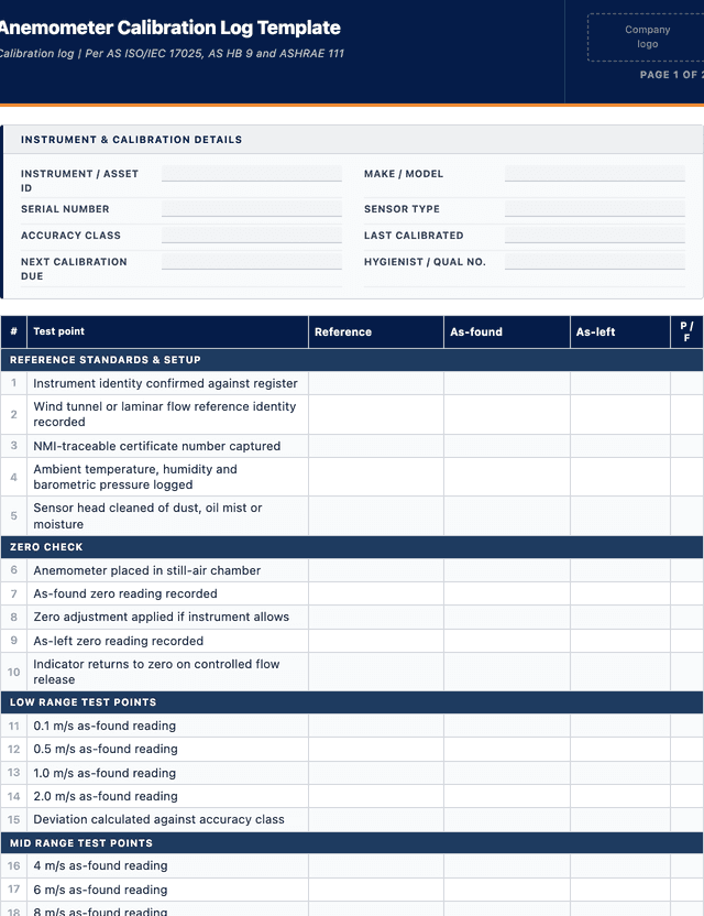 Anemometer Calibration Log Template template preview showing fields and layout